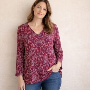 Dana Buchman Red Paisley Print Long Sleeve V-Neck Boho Casual Blouse Size XL
